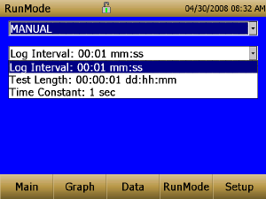 Función Manual Intervalo de Registro Log Interval Duración de la Prueba Test Length Constante de Tiempo Time Constant El intervalo de registro se puede ajustar desde 1 segundo hasta 60 minutos.