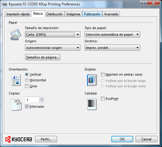 Impresión En esta sección se explica el procedimiento de impresión desde una aplicación de software. Puede especificar las opciones de impresión de cada ficha de KX Driver.