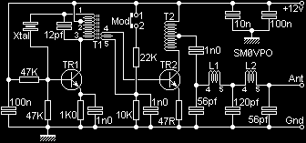 Transmisor AM Este circuito se basa en un transmisor simple de RF. Incorpora un oscilador de cristal en sobre tono ideal para un 3er armónico, un amplificador y un filtro.