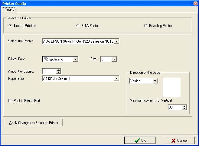 Printer Config Esta funcionalidad permite configurar las impresoras. Al seleccionar esta opción se desplegará la siguiente pantalla: Esta pantalla se compone de tres impresoras para configurar: 1.