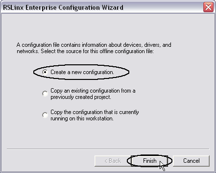 2. En RSLinx Enterprise Configuration Wizard (asistente de configuración de RSLinx Enterprise), cree una nueva configuración de RSLinx Enterprise. Siga los pasos a 