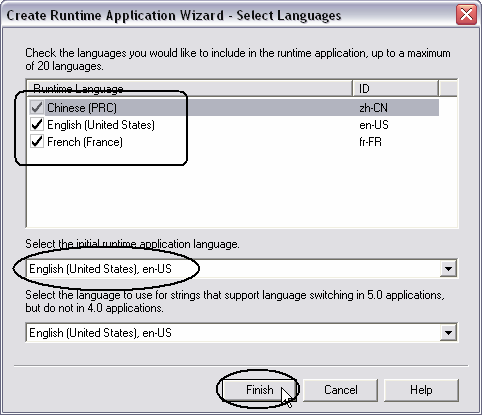 b. Asegúrese de seleccionar Runtime 5.0 Application para el tipo MER. Haga clic en Save (guardar). c. Seleccione todos los idiomas que desee incluir en la aplicación durante la ejecución.
