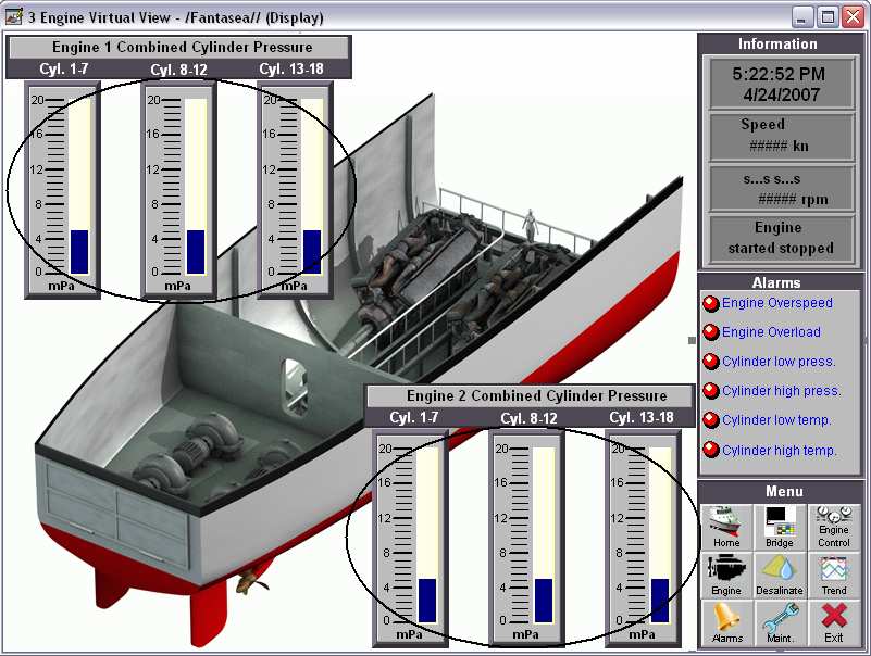 3 Engine Virtual View (vista virtual del motor): supervisa la presión combinada de cilindros de am