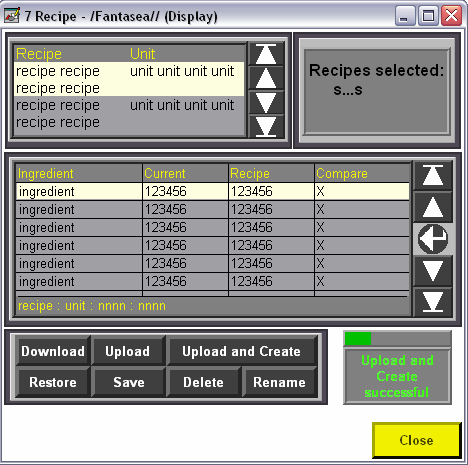 Interpretación de la pantalla de recetas La pantalla 7 Recipe contiene el RecipePlus Selector (selector), la RecipePlus Table (tabla) y los RecipePlus Buttons (botones).