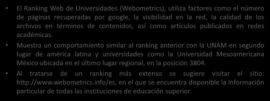 Calidad de la educación media superior Ranking Web de Universidades (Webometrics) El Ranking Web de Universidades (Webometrics), utiliza factores como el número de páginas recuperadas por google, la