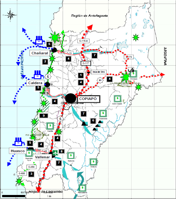 Figura 2.3-1: Proyectos estratégicos para la Región de Atacama Fuente: Actualización Plan Director de Infraestructura MOP 1. Habilitación de Ruta C-17 y C-115-B como Ruta 5 2.