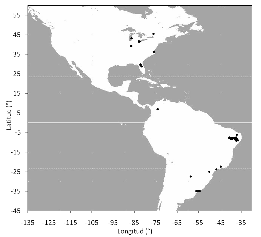 Figura 5. Ubicación en el continente americano de los cuerpos de agua incluidos en el estudio. Los ejes indican latitudes y longitudes (S y W se indican como valores negativos) 7 Discusión 7.
