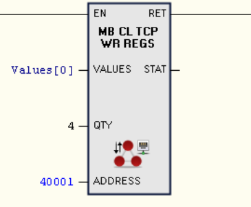 Componente MbClSendWriteReg: Permite escribir un único registro en el servidor. La entrada ADDR especifica la dirección del registro a escribir y en VALUE el valor propiamente dicho a escribir.