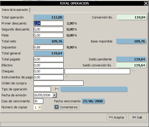 h) Componentes de la ventana Totalización Total Operación: este campo muestra el Monto Total de la Operación; este monto es calculado por el sistema y el usuario no tiene acceso a modificarlo.