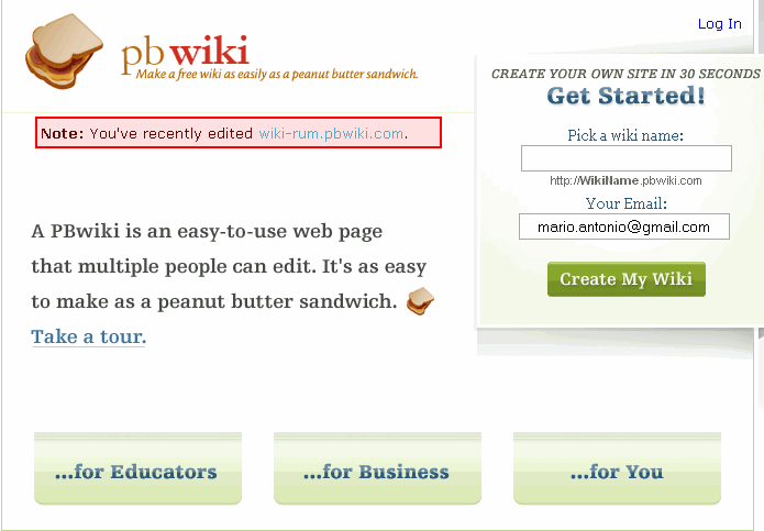 Después de crear tu identidad, estás preparado para crear tu wiki. Para ellos vas http://www.pbwiki.com. 2.