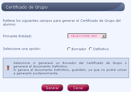 Figura 12. Ventana Certificado Grupo.
