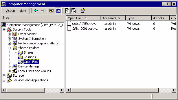 Monitoreo de uso de archivos en el Data Mover Para Windows 2000 o Windows Server 2003, utilice este procedimiento para monitorear los archivos abiertos en el servidor CIFS. Paso 1.