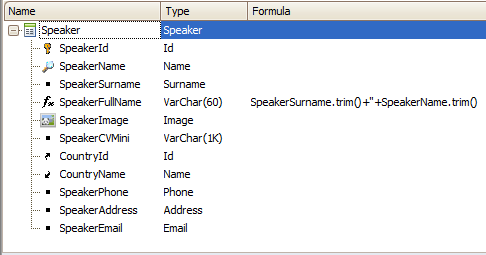 Crear la Transacción Speaker de acuerdo a la siguiente figura: Configurar la propiedad Autonumber en el atributo SpeakerId Definir el dominio Surname = VarChar(40) SpeakerFullName es un atributo