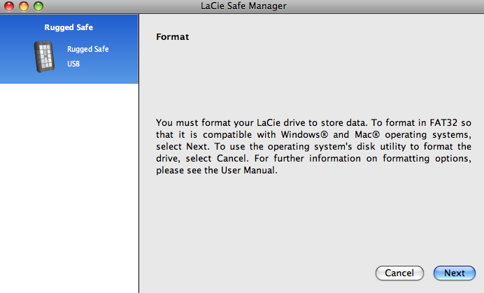Configuración de la unidad Rugged Safe Manual de Usuario página 25 8. LaCie Safe Manager le preguntará si desea fomatear la unidad en FAT32 para utilizarla con Windows y Mac (Fig. 29).