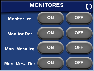 D. Pantalla Monitores 30 31 32 33 34 35 36 37 30. Monitor izquierdo ON: Enciende el monitor de referencia izquierdo situado en el techo 31.
