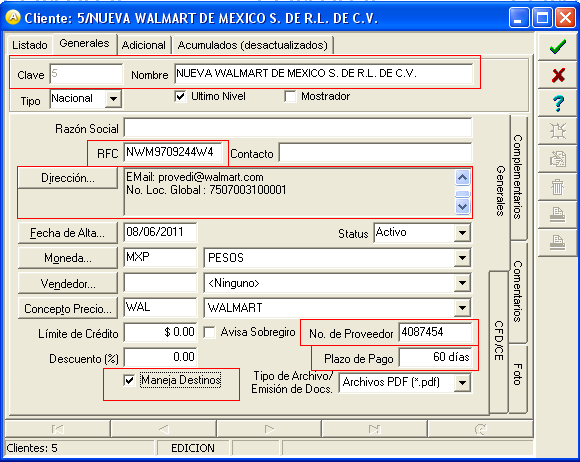 8) Catálogos / Clientes / Cliente / CFD/CE / Referencia Receptor: 12345678 ej. MXGU582 Capturar Referencia Receptor: Este dato corresponde al ID de WalMart.