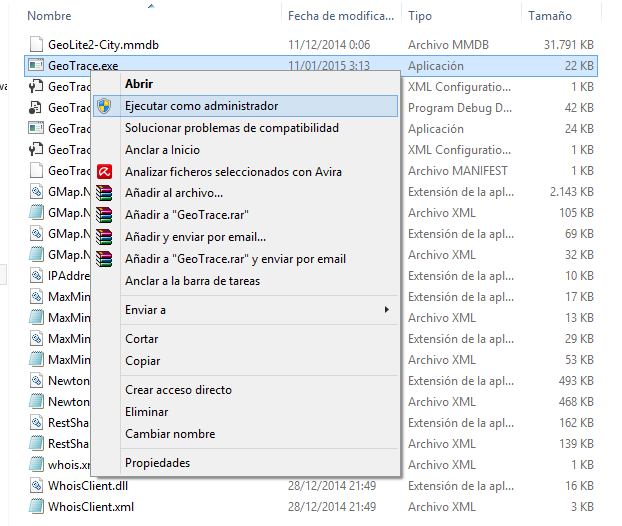 Modo de uso en Windows 8.1 Ir a la carpeta que contiene el programa y seleccionar el fichero "GeoTrace.exe".
