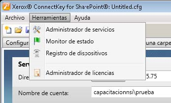 Configuración y administración de ConnectKey for SharePoint Nombre Agregar botón de menú MFD Descripción Agrega un elemento de menú a la impresora Quitar elemento del botón MFD Elimina un menú o un
