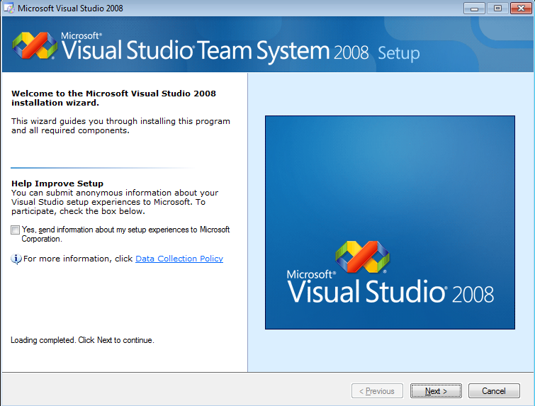 3) Microsoft Visual Studio 2008 Asistente de instalación comienza con la confirmación de si desea ayudar a mejorar la instalación de Visual Studio 2008.