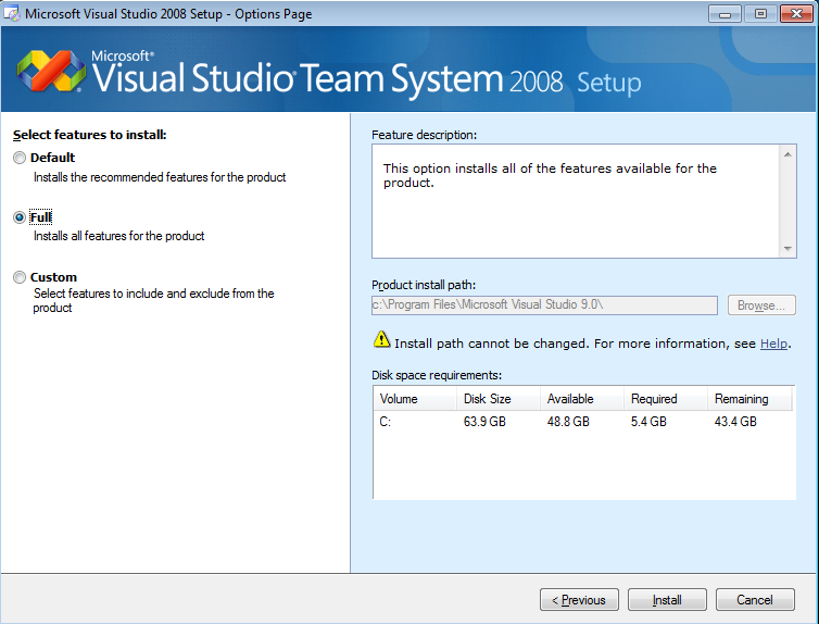 5) Este paso es el que se selecciona el Visual Studio 2008 incluye la Configuración. Usted tiene dos opciones rápidas primero la instalación por defecto y la instalación completa.