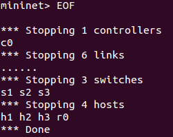 mininet>net Con este comando se muestra como están conectados los dispositivos de la red. Ilustración 16 Comando Net mininet>eof Detiene los dispositivos de la red y la cierra.