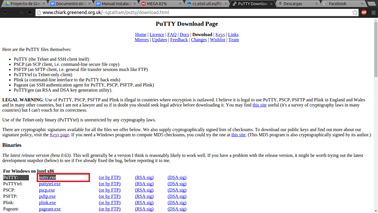 Ilustración 73 Descarga Putty para Windows Para ejecutar el putty solo hacemos doble click sobre el archivo putty.exe que descargamos. OVA (imagen) para la Virtualización de Mininet.