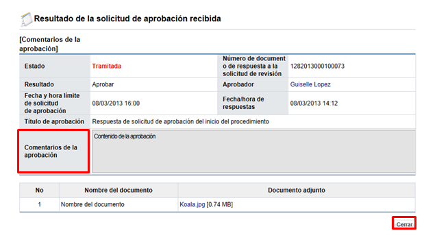 En la pantalla Detalles de la solicitud de aprobación, se muestra el botón Resultado de la solicitud de información/abstención, este permite
