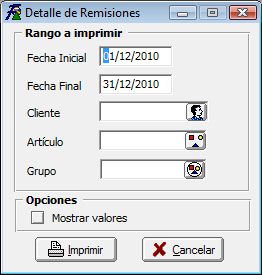 Cómo Imprimir Detalle de Remisiones por Cliente Esta opción le permite al usuario del sistema obtener un informe detallado de las Remisiones registradas por clientes en un rango de fechas determinado.