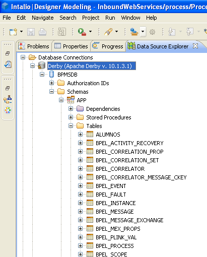 En la pestaña del Data Source Explorer aparece Derby debajo de Database Connection Navegamos a BPMSDB Luego a