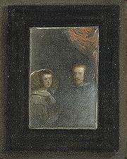 2-Velázquez, que también aparece, está pintando un retrato de los reyes, que no están en la sala, pero se los muestra reflejados en el espejo que está junto a la puerta.