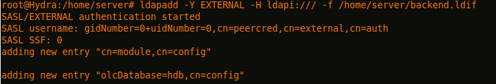 Ahora añadimos el LDIF como hemos hecho con los anteriores. # ldapadd - Y EXTERNAL - H ldapi:/// -f /home/server/backend.