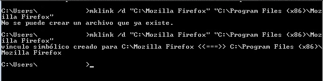 Ejecutamos la siguiente sentencia (cambiando la ruta de instalación de Firefox si fuese el caso): mklink /d "C:\MozillaFirefox" "C:\Program Files (x86)\mozilla Firefox" 6.