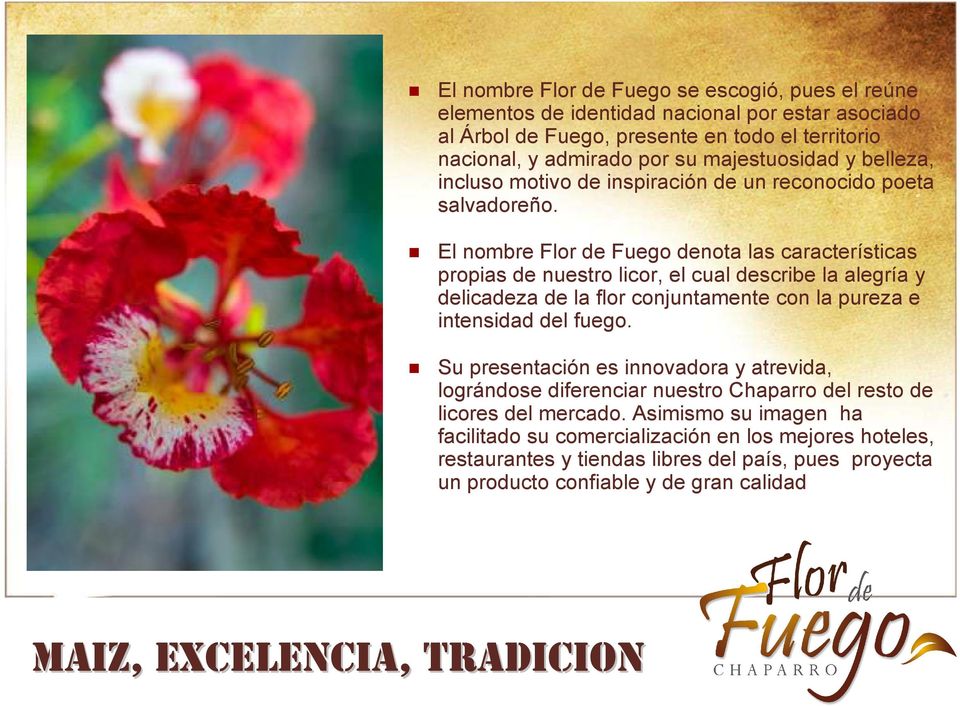 El nombre Flor de Fuego denota las características propias de nuestro licor, el cual describe la alegría y delicadeza de la flor conjuntamente con la pureza e intensidad del fuego.