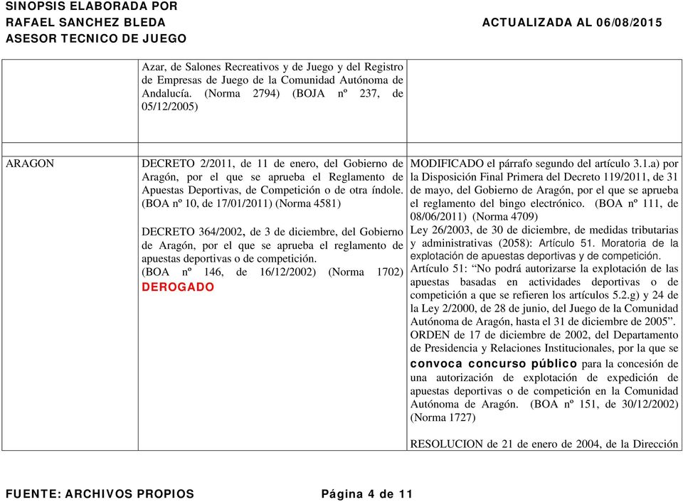 (BOA nº 10, de 17/01/2011) (Norma 4581) DECRETO 364/2002, de 3 de diciembre, del Gobierno de Aragón, por el que se aprueba el reglamento de apuestas deportivas o de competición.