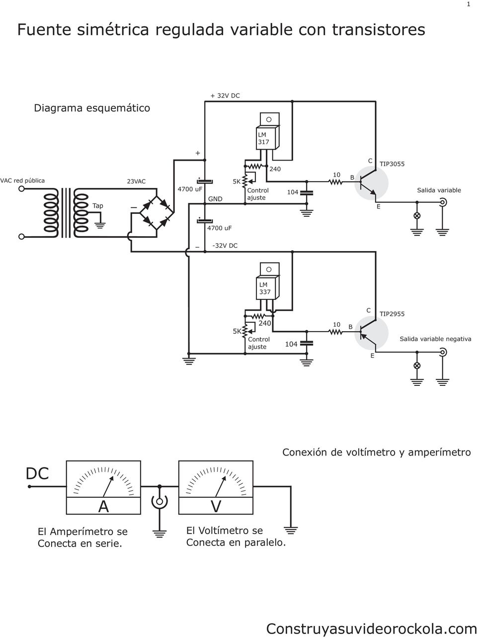 -32V DC LM 337 Control ajuste 4 B C E TIP2955 Salida variable negativa DC Conexión de