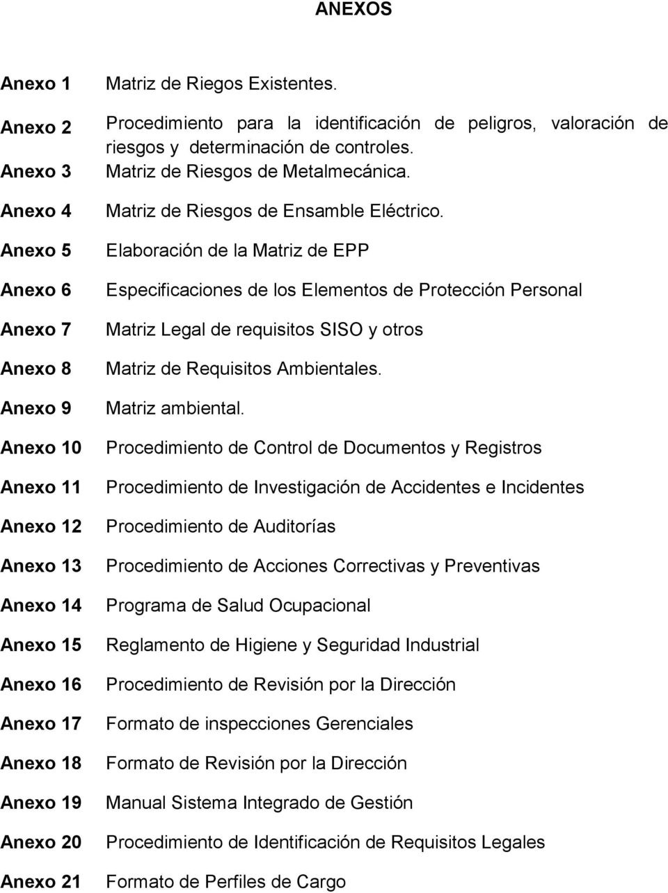Elaboración de la Matriz de EPP Especificaciones de los Elementos de Protección Personal Matriz Legal de requisitos SISO y otros Matriz de Requisitos Ambientales. Matriz ambiental.