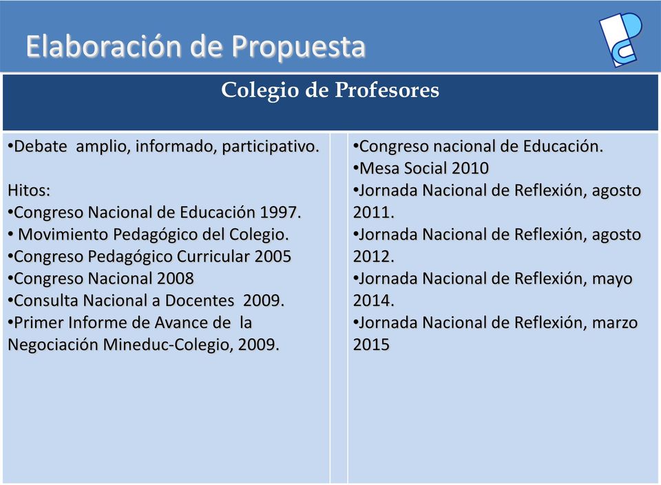 Primer Informe de Avance de la Negociación -Colegio, 2009. Congreso nacional de Educación.