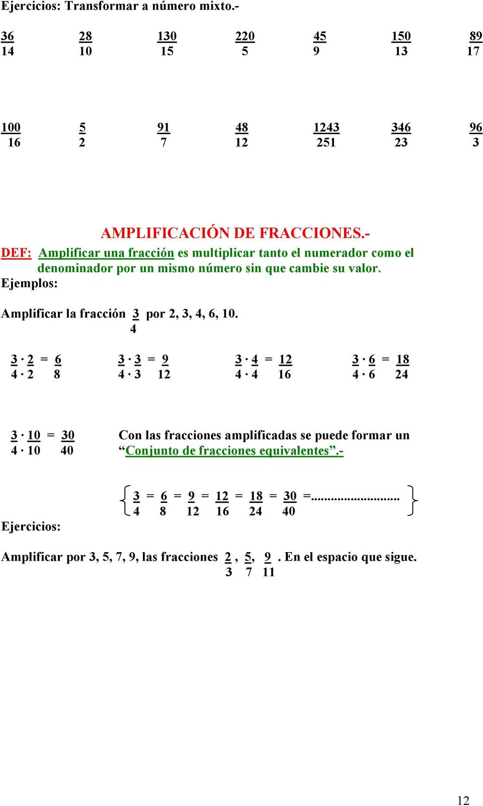 Ejemplos: Amplificar la fracción por 2,,, 6, 0.