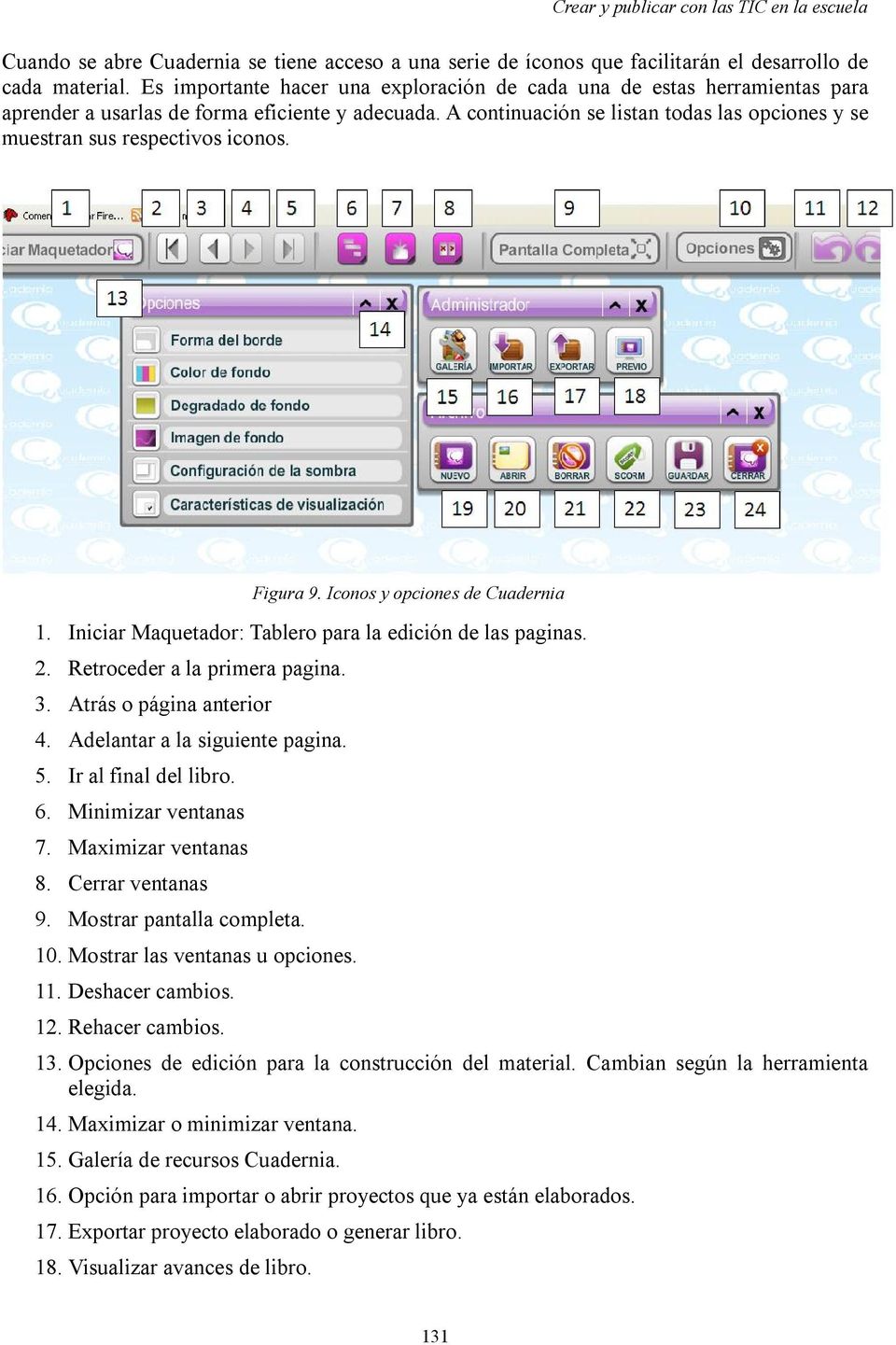 A continuación se listan todas las opciones y se muestran sus respectivos iconos. Figura 9. Iconos y opciones de Cuadernia 1. Iniciar Maquetador: Tablero para la edición de las paginas. 2.