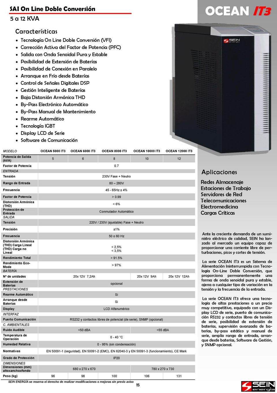 Electrónico Automático By-Pass Manual de Mantenimiento Rearme Automático Tecnología IGBT Display LCD de Serie Software de Comunicación MODELO OCEAN 5000 IT3 OCEAN 6000 IT3 OCEAN 8000 IT3 OCEAN 10000