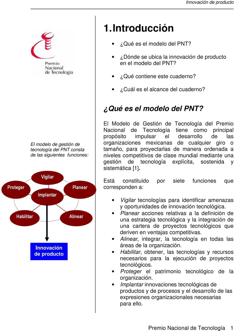 Proteger Habilitar El modelo de gestión de tecnología del PNT consta de las siguientes funciones: Vigilar Implantar Innovación de producto Planear Alinear El Modelo de Gestión de Tecnología del
