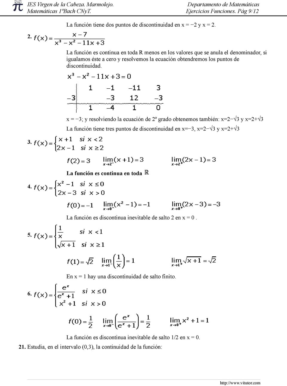 2. La función es continua en toda R menos en los valores que se anula el denominador, si igualamos éste a cero y resolvemos la ecuación obtendremos los puntos de discontinuidad. 3.