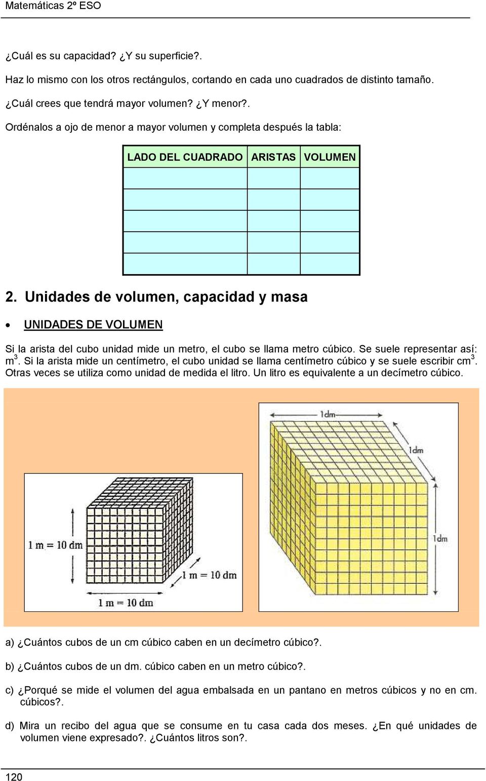 Unidades de volumen, capacidad y masa UNIDADES DE VOLUMEN Si la arista del cubo unidad mide un metro, el cubo se llama metro cúbico. Se suele representar así: m 3.