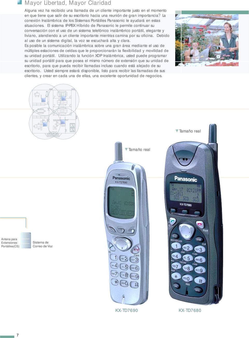 El sistema IPPBX Híbrido de Panasonic le permite continuar su conversación con el uso de un sistema telefónico inalámbrico portátil, elegante y liviano, atendiendo a un cliente importante mientras