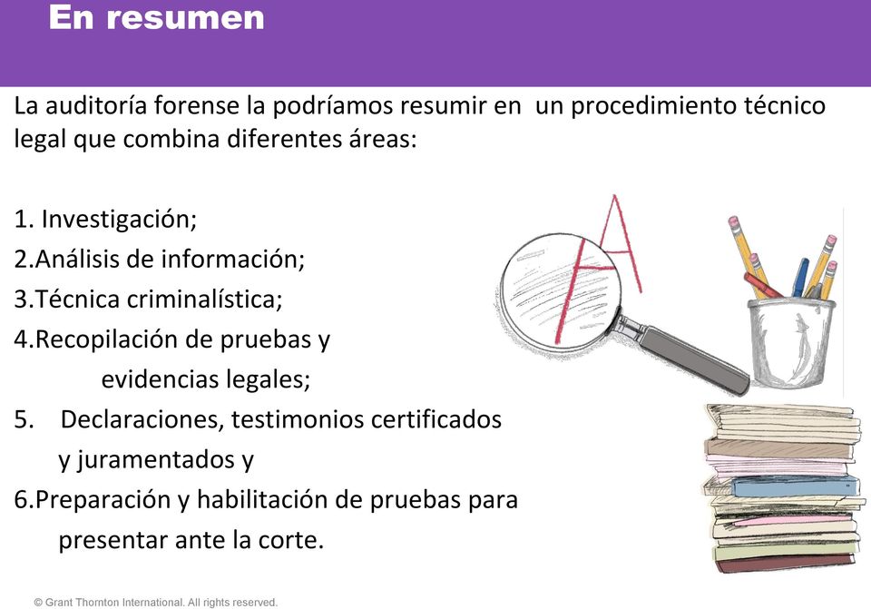 Técnica criminalística; 4.Recopilación de pruebas y evidencias legales; 5.