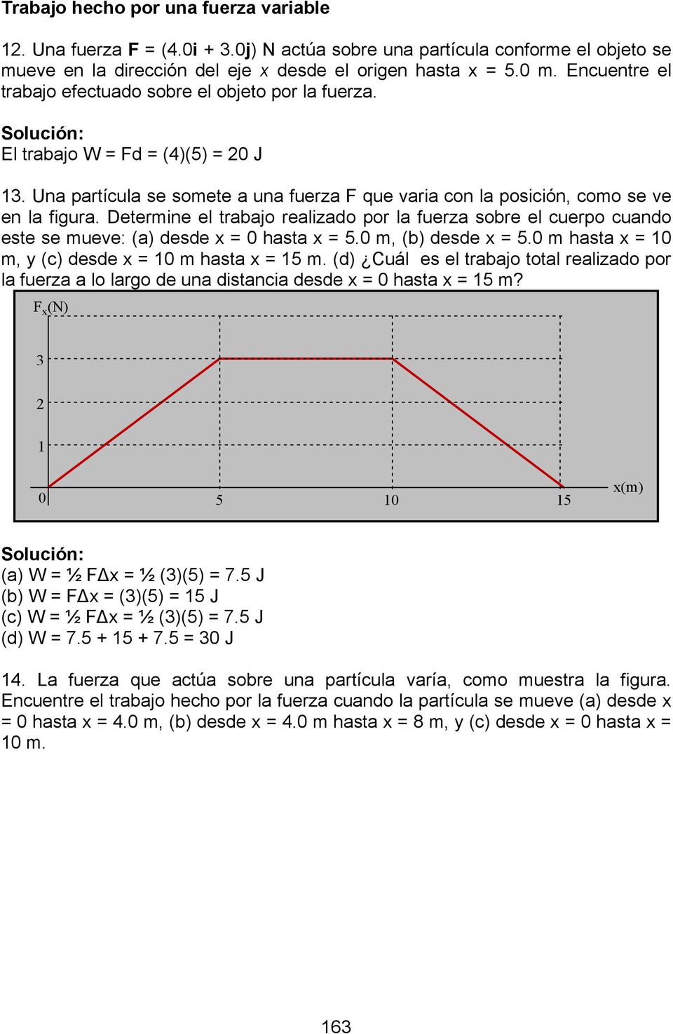 Determine el trabajo realizado por la fuerza sobre el cuerpo cuando este se mueve: (a) desde x = 0 hasta x = 5.0 m, (b) desde x = 5.0 m hasta x = 10 m, y (c) desde x = 10 m hasta x = 15 m.