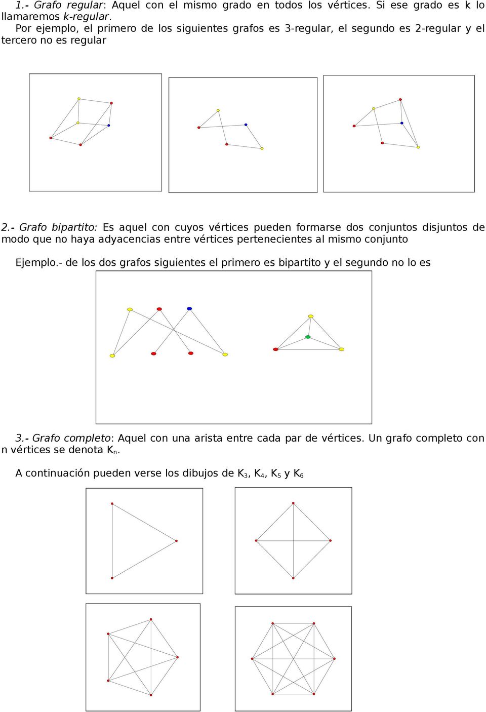- Grafo bipartito: Es aquel con cuyos vértices pueden formarse dos conjuntos disjuntos de modo que no haya adyacencias entre vértices pertenecientes al mismo
