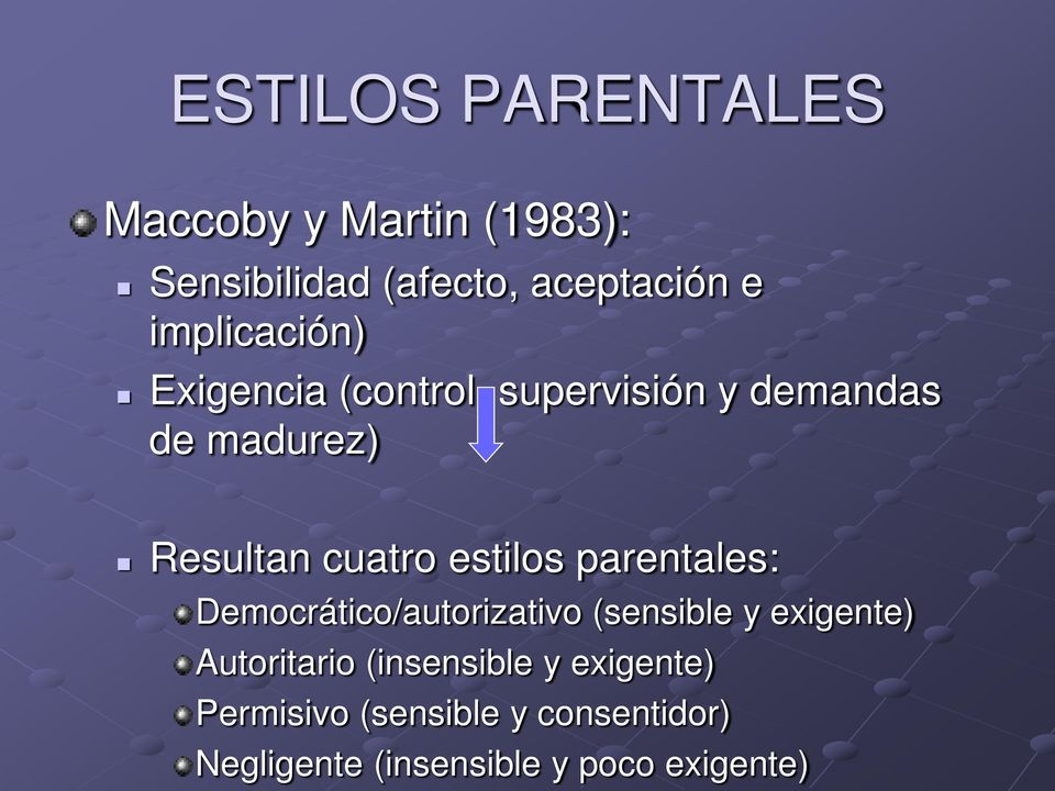 estilos parentales: Democrático/autorizativo (sensible y exigente) Autoritario