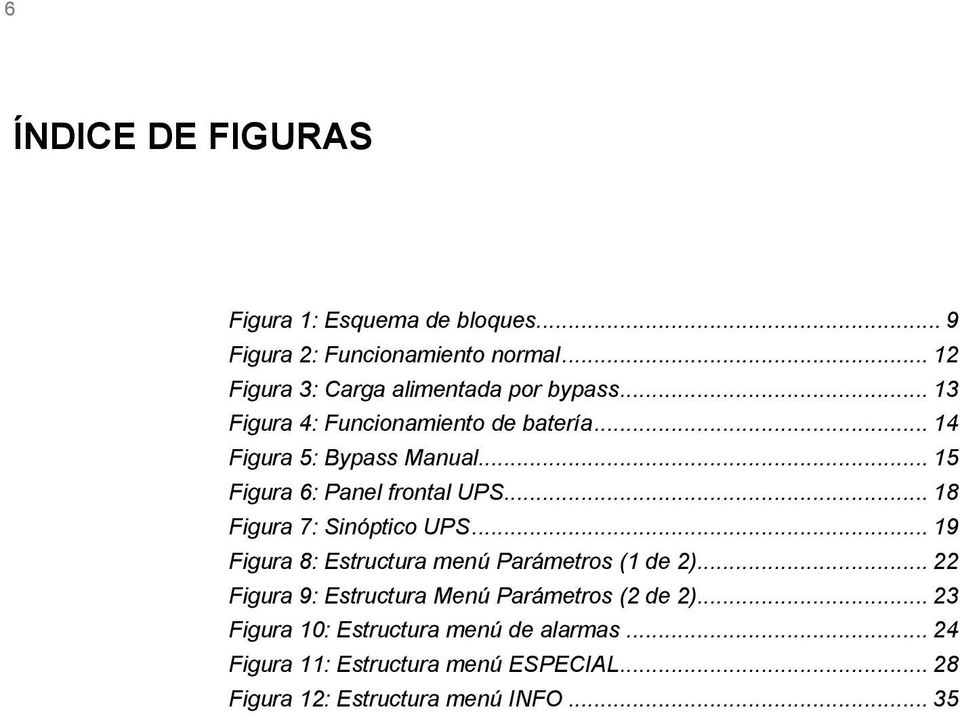 .. 15 Figura 6: Panel frontal UPS... 18 Figura 7: Sinóptico UPS... 19 Figura 8: Estructura menú Parámetros (1 de 2).