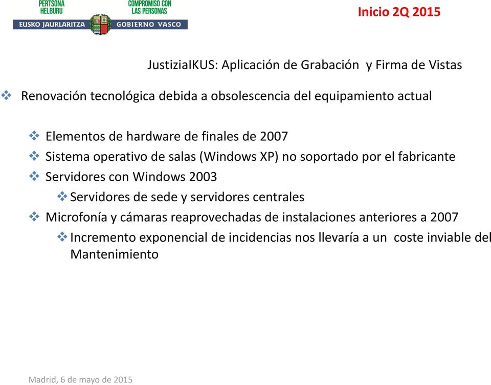 fabricante Servidores con Windows 2003 Servidores de sede y servidores centrales Microfonía y cámaras reaprovechadas de